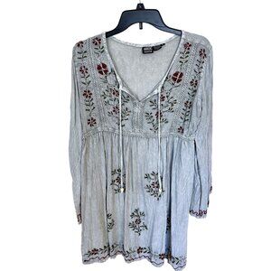 Anandas Womens Embroidered Boho Tunic Top Long Sleeves Rayon Large Grey